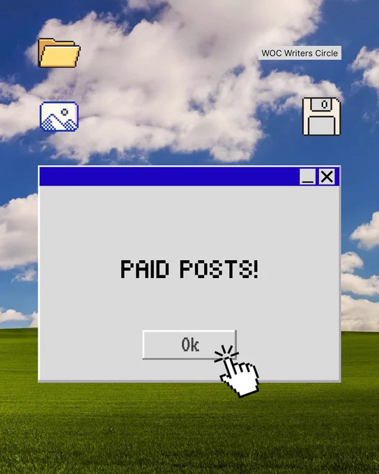 image: screensaver with text box. text box reads “paid posts” with cursor hovering over ok button