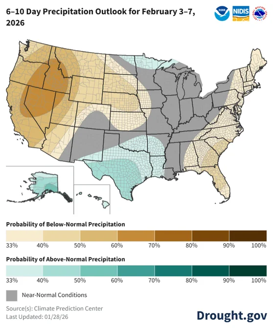 The Climate Prediction Center's 6-10 day precipitation outlook favors below-normal to normal precipitation chances for the West, East, and much of the Northern and Central Plains. Above-normal precipitation chances are favored for part of the Southern Plains, Upper Midwest, Hawaii, and Alaska.