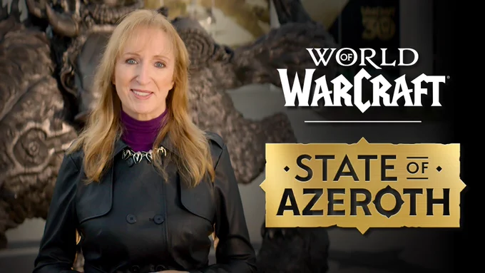 A promotional image for the World of Warcraft State of Azeroth livestream featuring Holly Longdale, Executive Producer and Vice President of World of Warcraft. The World of Warcraft logo and gold State of Azeroth badge appear on the right side of the image against a dark blue background with faint, stone-carved details.