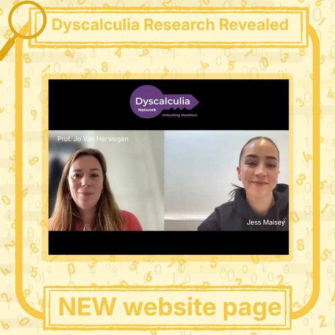 A gold framed photo of Prof. Jo Van Herwegen and Jess Maisey advertising the new Dyscalculia Network website page Dyscalculia Research Revealed! 