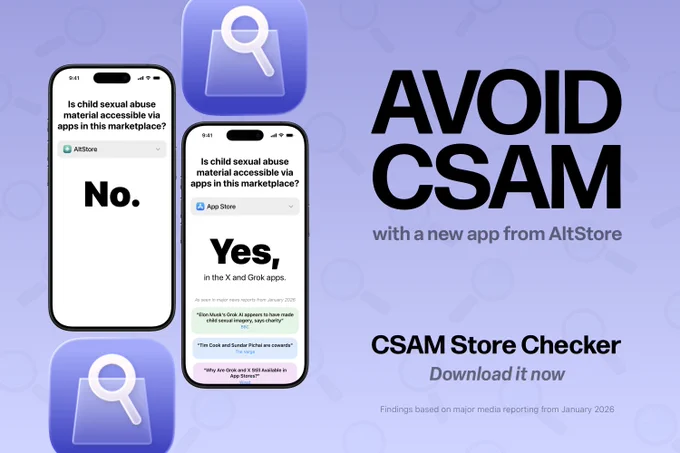 Promo image featuring screenshots of our new app "CSAM Store Checker." Text: "Avoid CSAM with a new app from AltStore. CSAM Store Checker. Download it now. Findings based on major media reporting from January 2026."