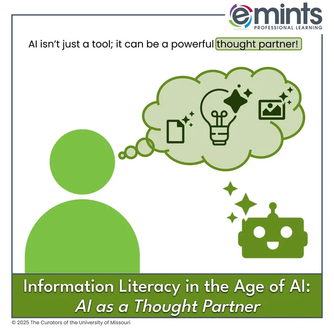 Green person icon imagining a lightbulb, image icon, and sparkles, with a smiling AI face nearby. Text reads ‘AI can be a powerful thought partner.’ Title bar: ‘Information Literacy in the Age of AI: AI as a Thought Partner.’ With eMINTS Professional Learning logo and branding.