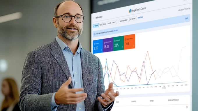 SEO Expert showing how to use The Google Search Console Action Guide in front of a screen with a GSC Report.