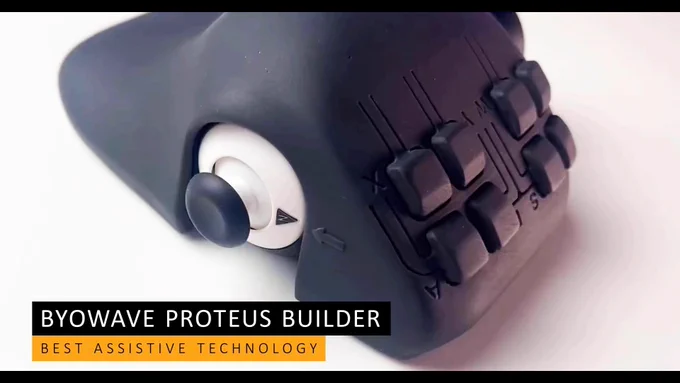 Closeup of the Byowave Proteus Builder controller showing it placed in its desktop housing
