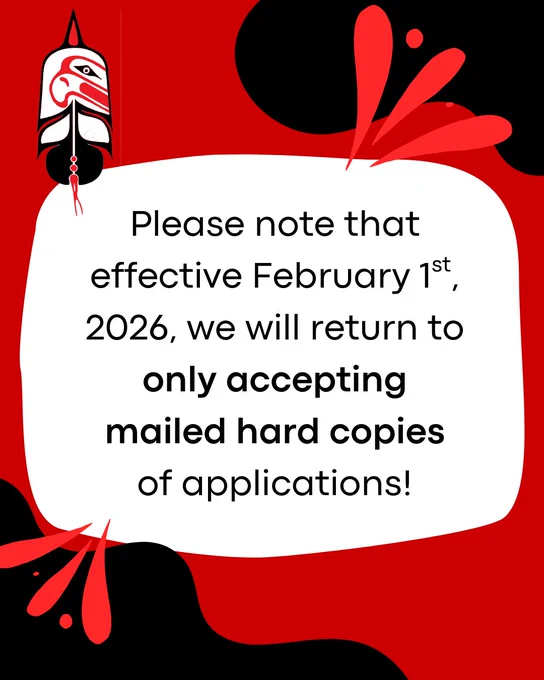 A red, black, and white image stating: Please note that effective February 1st, 2026, we will return to only accepting mailed hard copies of applications