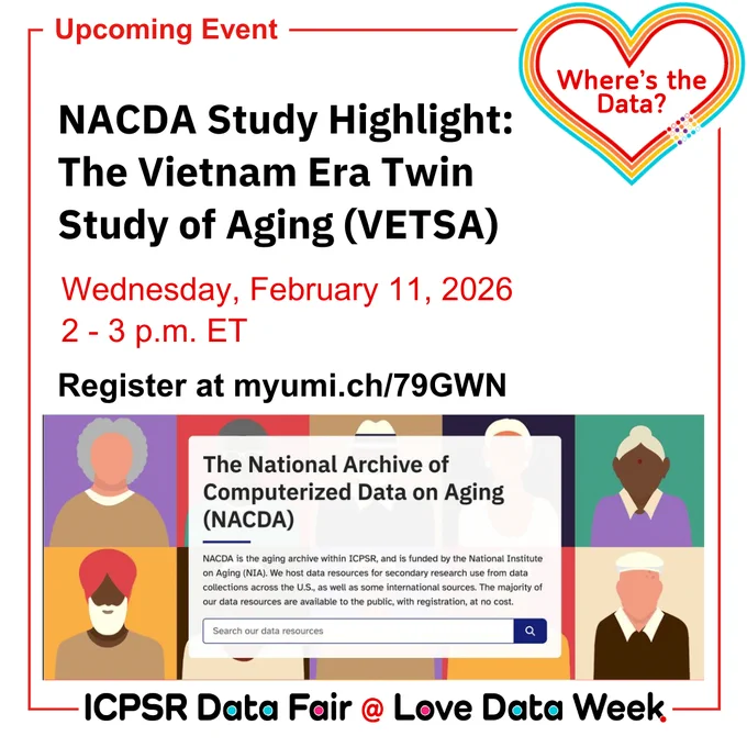 Announcement for NACDA's Vietnam Era Twin Study of Aging event on Feb 11, 2026, from 2-3 p.m. ET with registration link and ICPSR Data Fair branding.