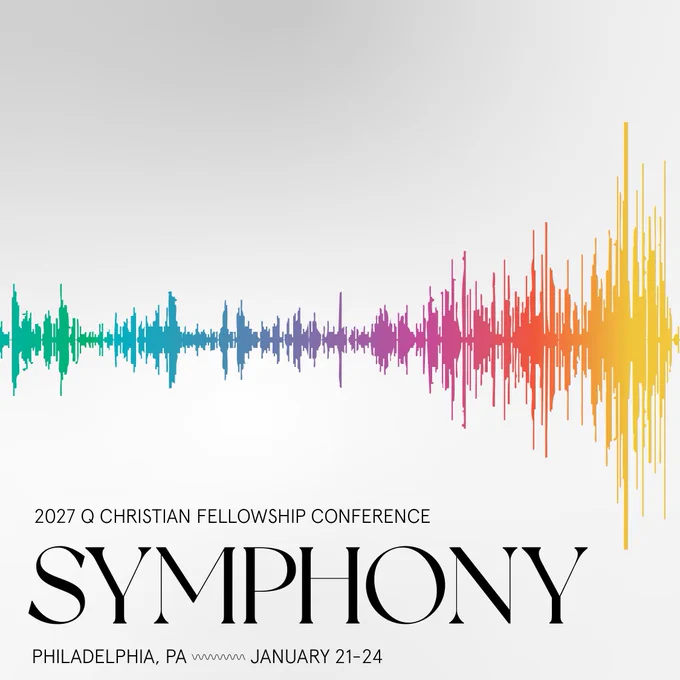 Graphic with a grey background. There is a audio wave that spreads across the entire length of the graphic, that has a gradient rainbow inside of it. There is black text below the audio wave that says Symphony.