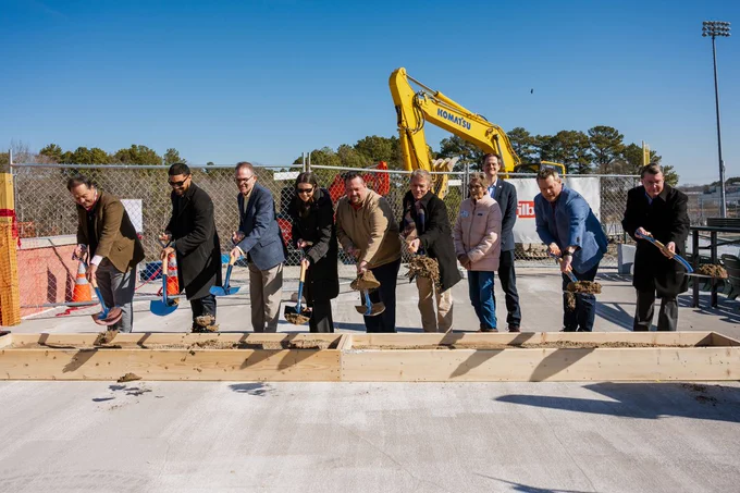 Representatives from Wicomico County, Delmarva Shorebirds, Baltimore Orioles, and Maryland Stadium Authority gather at the Arthur W. Perdue ceremonial groundbreaking.