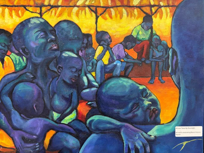 Art depicting both adults and children in blue hues with a yellow and orange background. This piece is called "African Tales by Moonlight" by Victoria Ezeokoli, 1984.