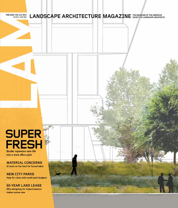 Cover of "Landscape Architecture Magazine" featuring a rendering of a serene park scene with three individuals and a dog, surrounded by trees, under a hazy sky. 
