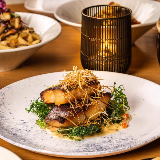 Seared fish fillets stacked on a bed of crispy kale with a creamy sauce and garnished with thin fried strips on a white plate.