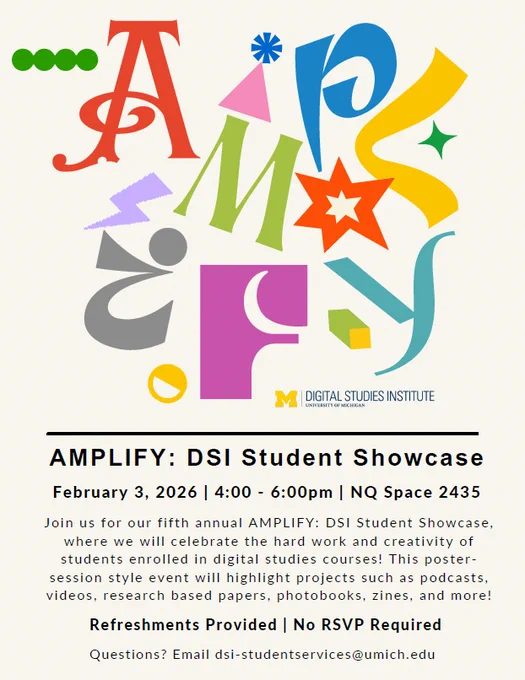 Colorful poster for the AMPLIFY: DSI Student Showcase featuring event details and creative typography spelling out the words AMPLIFY.
