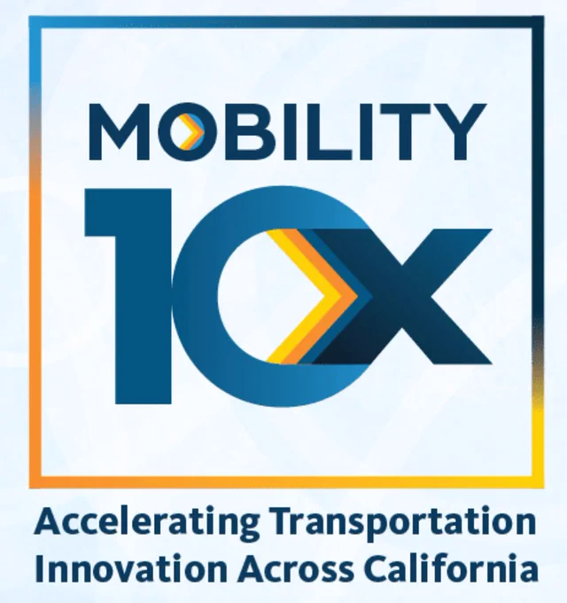 Event logo with "Mobility 10X, Accelerating Transportation Innovation Across California" in dark blue text on a light blue background.