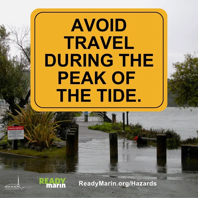 Ready Marin graphic of a flooded area in marin county with a yellow sign that reads "Avoid Travel During the Peak of the Tide."