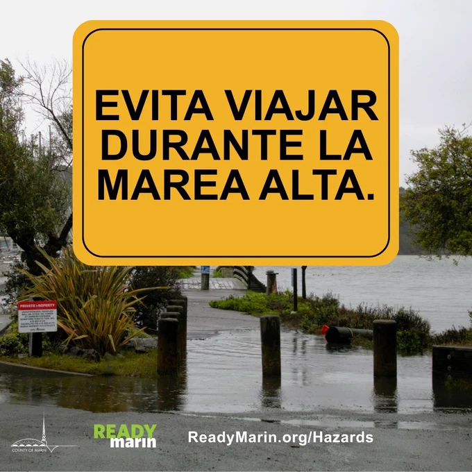 Ready Marin graphic of a flooded area in marin county with a yellow sign that reads "Avoid Travel During the Peak of the Tide."