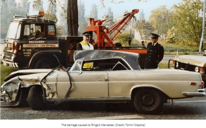 A Bedford recovery truck behind the wreck of Ringo's Mercedes at Robin Hood Junction, A3. 