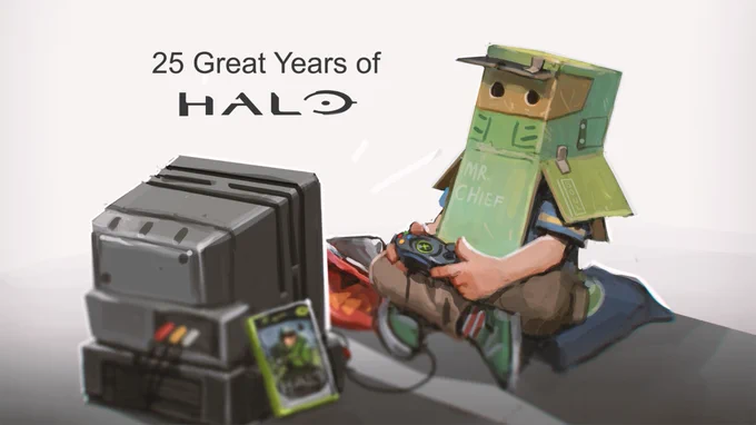 A child playing Halo on a C R T T V wearing a cardboard Master Chief costume.