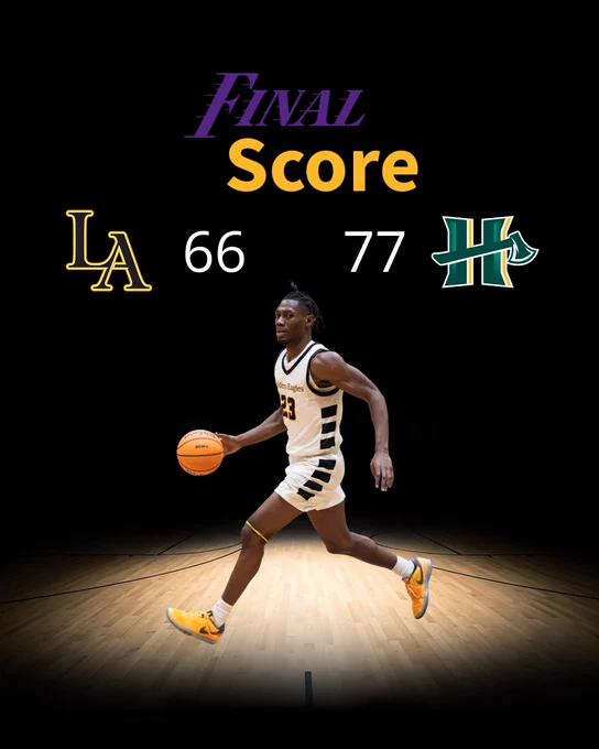 A basketball player in action on a court, wearing a black and white uniform, holds a ball. Above, the final score is displayed: LA 66, Hawaii 77. The logos of both teams are present, with "Final Score" written prominently.