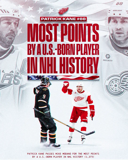 Top: Red text on a white background reading \"Patrick Kane #88. Most points by a U.S.-born player in NHL history.\"\n\nMiddle: Photos of Mike Modano and Patrick Kane on ice. Modano is in a Stars uniform while Kane is in a Red Wings uniform.\n\nBottom: Red text reading \"Patrick Kane passes Mike Modano for the most points by a U.S.-born player in NHL history (1,375)\"