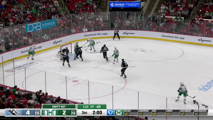 Screenshot of the Canes/Mammoth broadcast with the score 4-2 Mammoth with 2:00 minutes left in regulation 