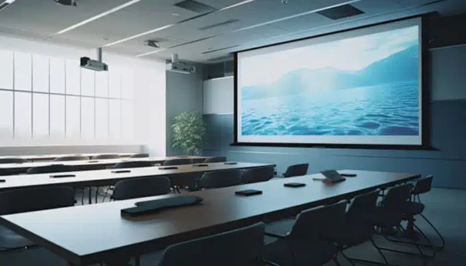 Modern conference room with a large screen displaying a serene landscape, surrounded by a sleek table setup and chairs, highlighting the integration of audio-visual technology."