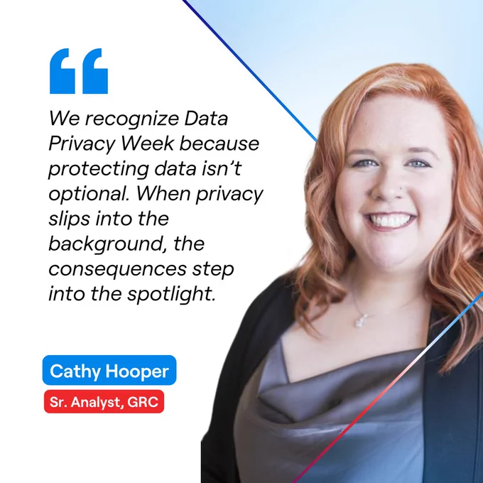 Data Privacy Week promotional image with a quote: \"We recognize Data Privacy Week because protecting data isn't optional. When privacy slips into the background, the consequences step into the spotlight.\" Image of Cathy Hooper, Sr. Analyst, GRC.