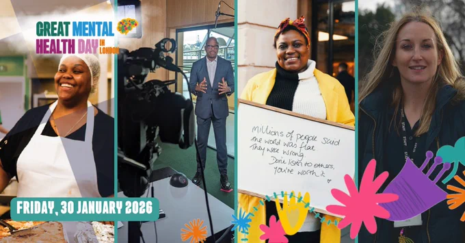 Collage of four people participating in Great Mental Health Day in London. Images include a smiling woman in a kitchen, a man speaking on camera, a woman holding a whiteboard with a positive message, and another woman wearing a staff badge. Event branding, floral graphics, and the date Friday, 30 January 2026 are included, along with a link to thriveldn.co.uk/greatmentalhealth.