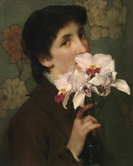 A painting of a woman smelling a bunch of orchids
