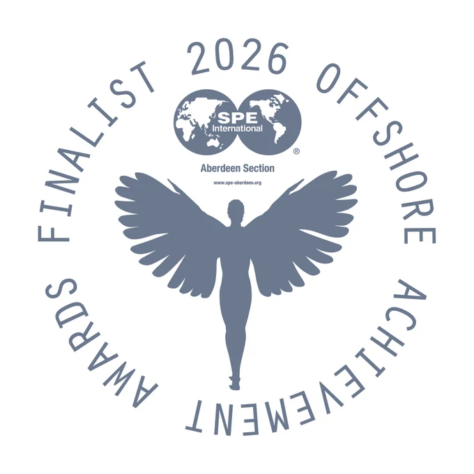 Graphic featuring the Offshore Achievement Awards 2026 finalist logo with an abstract winged human figure at the centre, alongside the SPE International Aberdeen Section branding.
