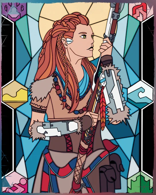 A stained glass style fan art drawing of Aloy at the centre framed by the symbols of the subordinate functions of GAIA.