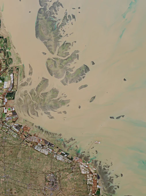 Image shows part of the coastal area of Rudong County on China’s eastern seaboard.