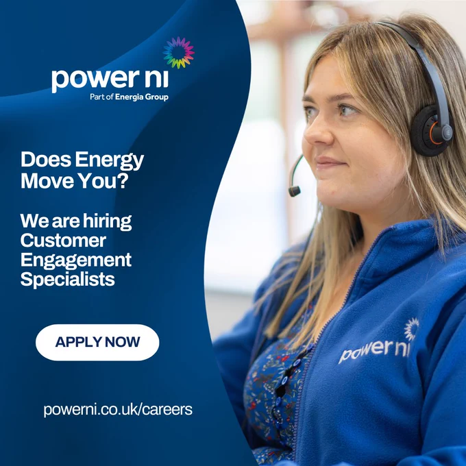 Customer service representative wearing a Power NI headset and jacket, promoting job openings for Customer Engagement Specialists.