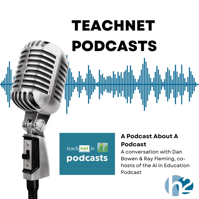 Podcast graphic featuring a vintage microphone, audio waveform, and the TeachNet Podcasts logo promoting a conversation with the hosts of the AI in Education Podcast.