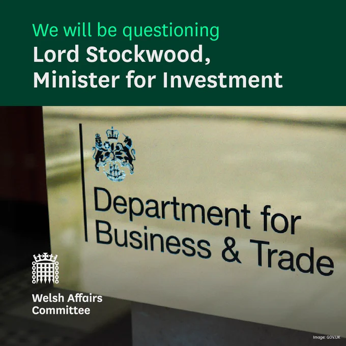 An image of the Department for Business and Trade's plaque, with text that reads 'We will question Lord Stockwood, Minister for Investment.'
