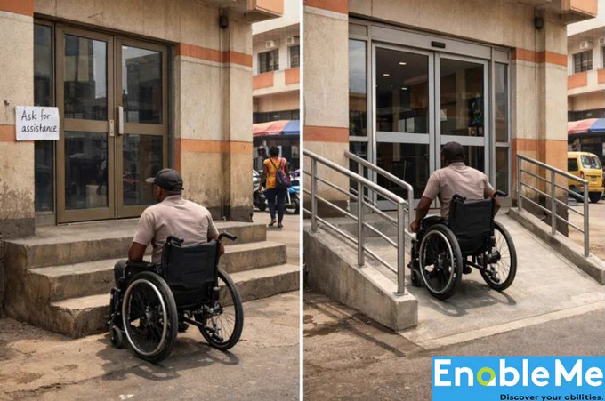 Split image of the same public office building in an African city. On the left, a wheelchair user waits at the bottom of a short concrete staircase with no ramp; a handwritten sign near the door reads “Ask for assistance.” On the right, the building has a concrete ramp with metal handrails and wide doors, and the same person independently wheels up the ramp toward the entrance. Natural daylight, everyday street activity visible in the background.