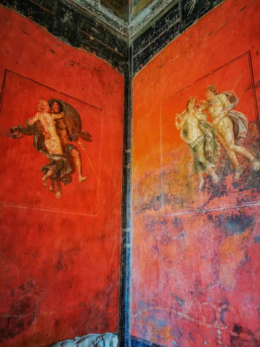 FRESCOES OF THE ROOM OF THE CUPIDS IN THE HOUSE OF THE VETTII, 50-79 CE. POMPEII

This magnificent room is best known for its bands of black painted friezes with Erotes working away at various trades. But the overall impression of the room is one of red, with the walls largely covered in red cinnabar, one of the most expensive of pigments. In this corner we see two floating couples. At left a nymph and a satyr are already embracing within their red panel, and at right a male Apollo-like god is importuning a nymph who's saying no, not that the gods took no for an answer. It is interesting to note the discolouration of the red wall at right. This was caused by the heat of the boiling mud that invaded the house during the eruption of Vesuvius in 79 CE. 