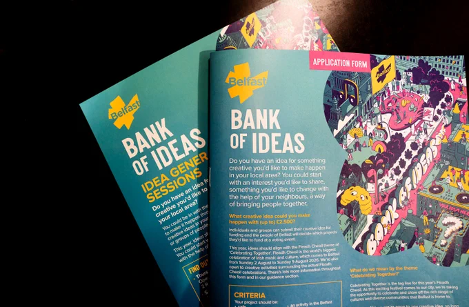 Colorful Belfast Bank of Ideas application form with creative illustrations and text inviting idea submissions for community projects.