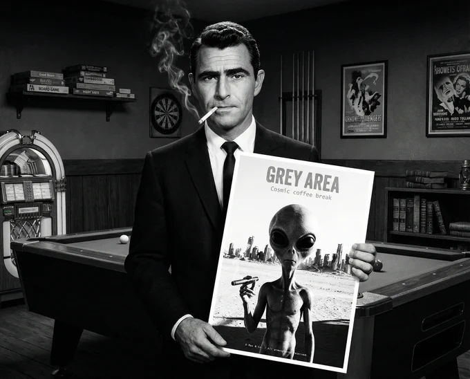 AI Image of Rod Serling holding a picture of an Alien Smoking by Rex and Co.