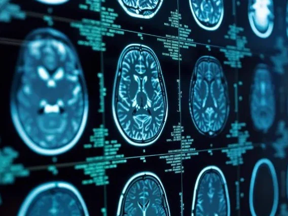 An image of a computer screen showing multiple cross-section scans of a brain.