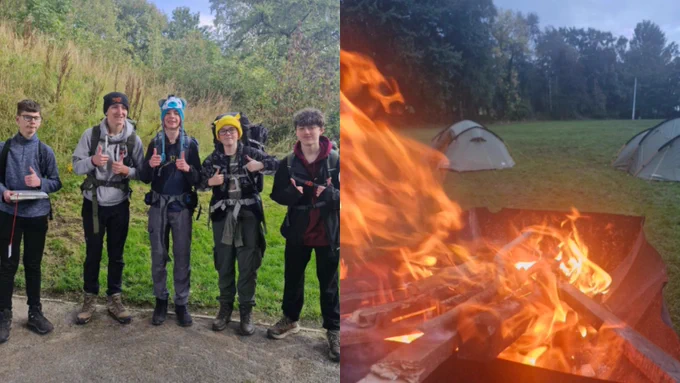 2 photos of young people on expedition. 1 includes a camp fire.