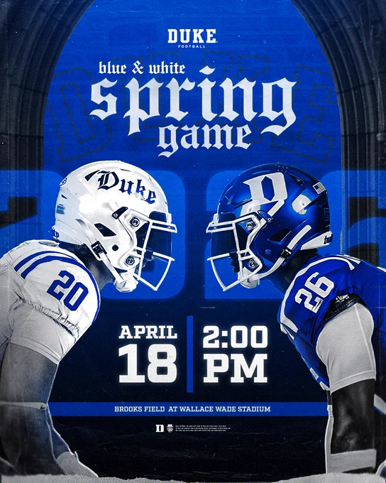 Duke football's Blue & White Spring Game is on April 18 at 2 p m at Brooks Field at Wallace Wade Stadium