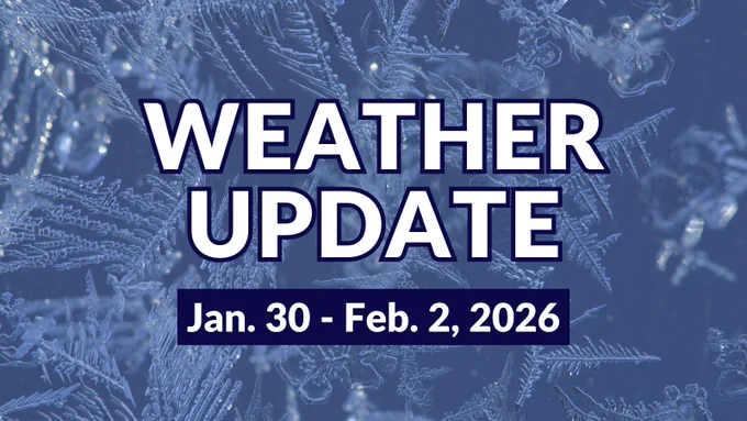 weather update Jan. 30 - Feb. 2 over an icy background.