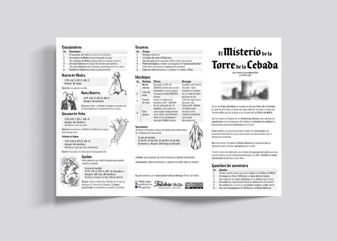 Fotografía de un tríptico en papel con la aventura para Mausritter "El Misterio de la Torre de la Cebada"