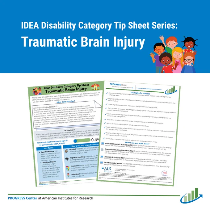 Graphic titled "IDEA Disability Category Tip Sheet Series: Traumatic Brain Injury" that features screenshots of the tip sheet's pages. The PROGRESS Center logo is in the bottom right corner.