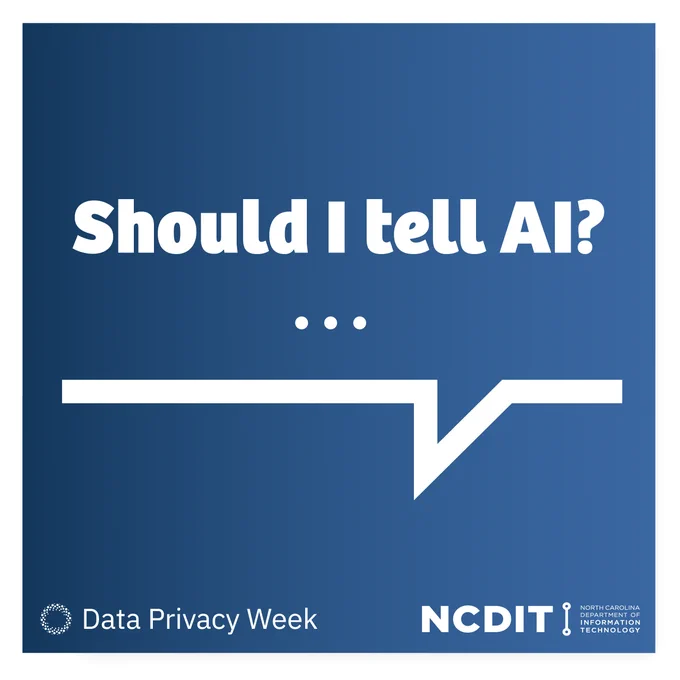 Should I tell AI? Followed by an ellipse and a straight line signifying a chat bubble. The logos for Data Privacy Week and NCDIT are at the bottom.