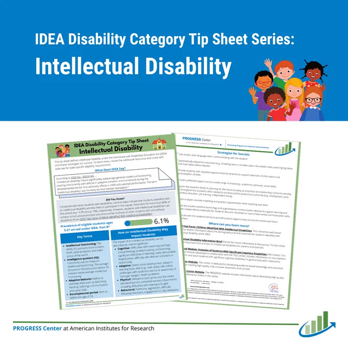 Graphic titled "IDEA Disability Category Tip Sheet Series: Intellectual Disability" that features screenshots of the tip sheet's pages. The PROGRESS Center logo is in the bottom right corner.