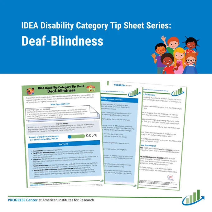 Graphic titled "IDEA Disability Category Tip Sheet Series: Deaf-Blindness" that features screenshots of the tip sheet's pages. The PROGRESS Center logo is in the bottom right corner.