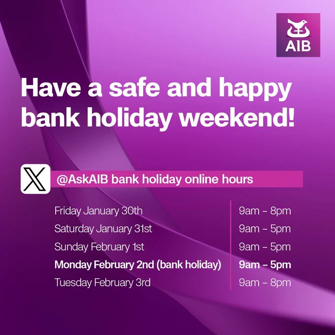 Have a safe and happy bank holiday weekend!


Here are the @AskAIB bank holiday online hours.