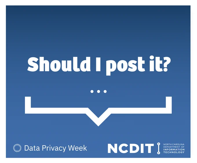 Should I post it? Followed by an ellipse and a straight line signifying a chat bubble. The logos of Data Privacy Week and NCDIT are at the bottom.