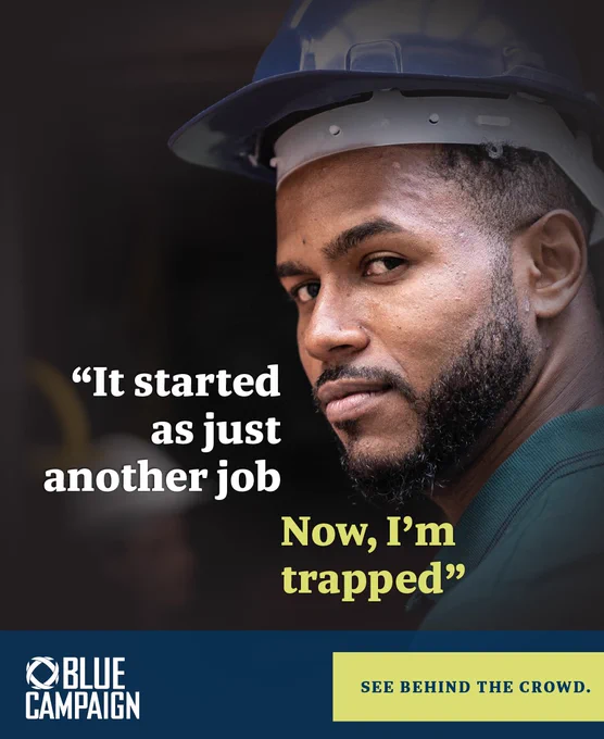 Close-up of a construction worker wearing a blue hard hat with a quote about feeling trapped in a job, promoting Blue Campaign awareness.
